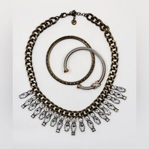 LOFT Vintage Antiqued Gold Tone & Rhinestone Statement Necklace & Bracelet Set